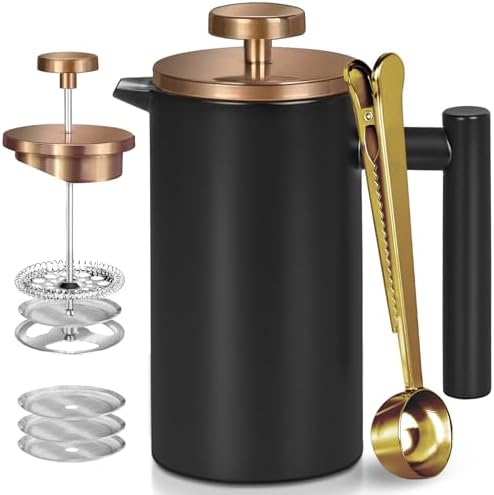 Black Stainless Steel French Press Coffee Maker, Double Wall Insulated French Press,for Coffee&Tea,with 3 Extra Screens and a Coffee Spoon,34oz/1000ml,Gold