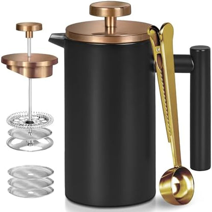 Black Large French Press Coffee Maker 50oz, Double Wall Insulated French Press Stainless Steel,for Coffee&Tea,with 3 Extra Screens and a Coffee Spoon, 50oz/1500ml, Gold