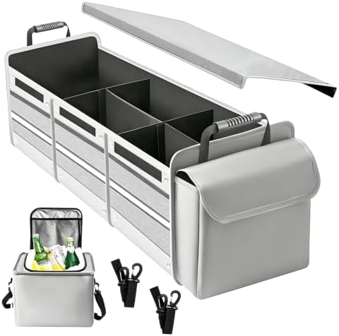 Car Trunk Organizer with Removable Cooler Bag - Collapsible Multi-Compartment Storage for SUV Truck Groceries Camping, Durable Nylon Auto Cargo Organizer (Gray)