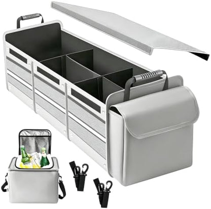 Car Trunk Organizer with Removable Cooler Bag - Collapsible Multi-Compartment Storage for SUV Truck Groceries Camping, Durable Nylon Auto Cargo Organizer (Gray)