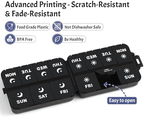 Foldable Portable 7 Day Pill Organizer 2 Times a Day, AM PM Weekly Pill Box