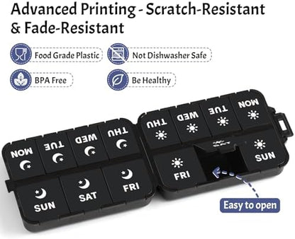 Foldable Portable 7 Day Pill Organizer 2 Times a Day, AM PM Weekly Pill Box