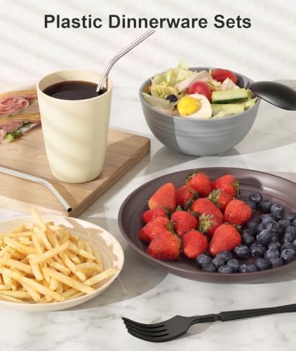 Quatish 48 Piece Plastic Plates and Bowls Sets for 6, Dinnerware Sets Brown