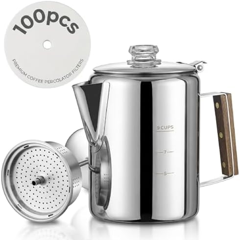 Coffee Percolator with 100pcs Coffee Filters - 9 Cups | Durable Stainless Steel Material Camping Coffee Pot| Brew Coffee On Fire, Grill or Stovetop | Ideal for Home, Camping