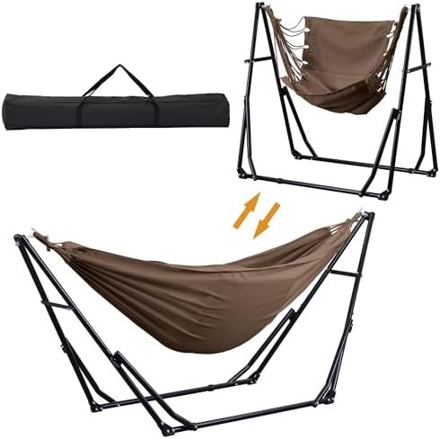 Ainfox Hammock with Foldable Stand, 2 in 1 Hammock and Swinging Chair with Carrying Bag, Portable Camping Chair Suitable for Outside, Swing,Patio,Garden,Camping Trip Coffee