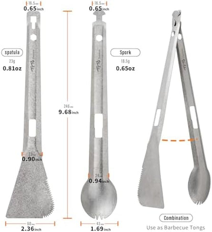 TiTo Titanium 4 in 1 Camping Cookware - Titanium BBQ Tongs, Spork, Knife and Spatula, Portable Lightweight Multi Tableware for Kitchen, Hiking, Backpacking, Outdoor Cooking, Travel, Picnics (Titanium)