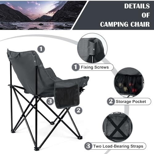 Leonyo Beach Camping Chair 2 Pack, Outdoor Folding Chair for Adults, Heavy Duty Portable Chair for Outside Fishing, Lawn, Sport, Patio, Armrest Cup Holder & Storage Pocket, Carry Bag, Grey