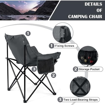 Leonyo Beach Camping Chair 2 Pack, Outdoor Folding Chair for Adults, Heavy Duty Portable Chair for Outside Fishing, Lawn, Sport, Patio, Armrest Cup Holder & Storage Pocket, Carry Bag, Grey