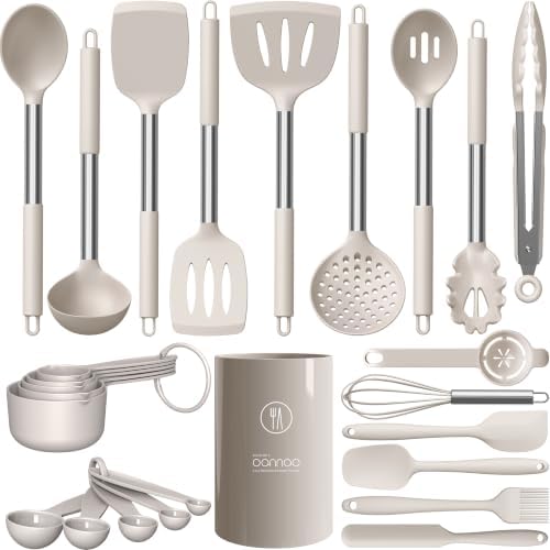oannao Large Silicone Cooking Utensils Set - Heat Resistant Kitchen Utensils,Turner Tongs,Spatula,Spoon,Brush,Whisk,Stainless Steel Cooking Tool for Nonstick Cookware,Dishwasher Safe (Khaki)