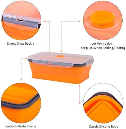Collapsible Food Storage Containers with Airtight Lid & Vent, 40.5 oz, Kitchen Stacking Silicone Collapsible Meal Prep Container Set for Leftover, Microwave Freezer Dishwasher Safe, Orange, Set of 4