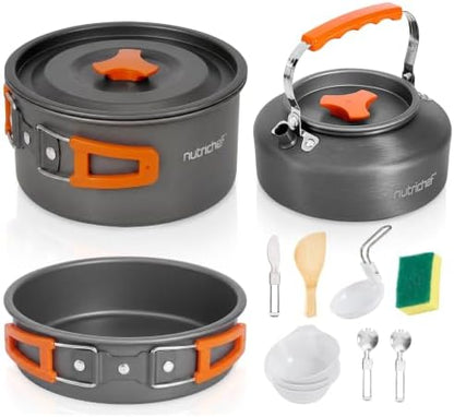 NutriChef Camping Cookware Set - Lightweight Nonstick Pots, Pans, Utensils, Bowls, Cutlery, and Cleaning Tools with Mesh Bag, Foldable Handles, Compact Outdoor Cooking Gear for Hiking & Travel (Grey)