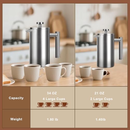 French Press 34 oz, Full Stainless Steel French Press Coffee Maker 4 Cups