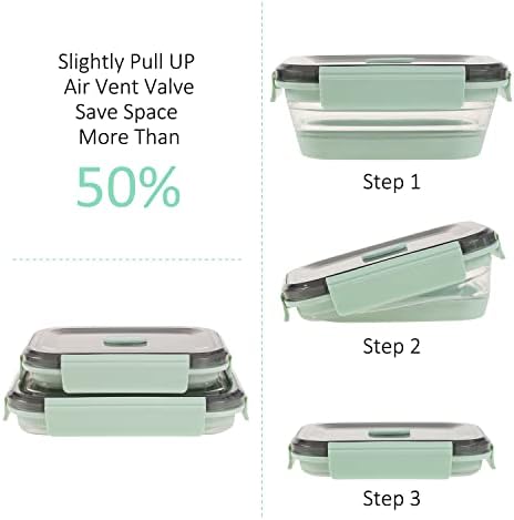 Collapsible Food Storage Containers with Lid & Air Vent, Clear Stacking Silicone Collapsible Food Container Set, Microwave Freezer Dishwasher Safe Space-Saver, Set of 4, Mint Green