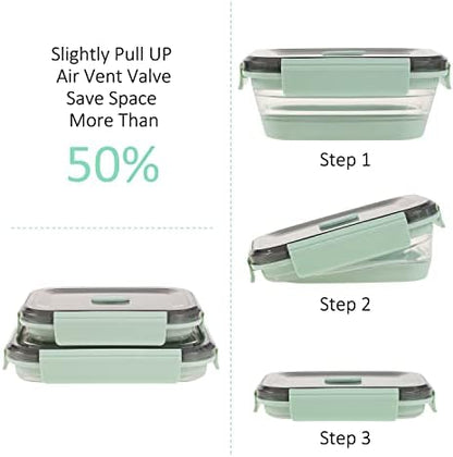 Collapsible Food Storage Containers with Lid & Air Vent, Clear Stacking Silicone Collapsible Food Container Set, Microwave Freezer Dishwasher Safe Space-Saver, Set of 4, Mint Green