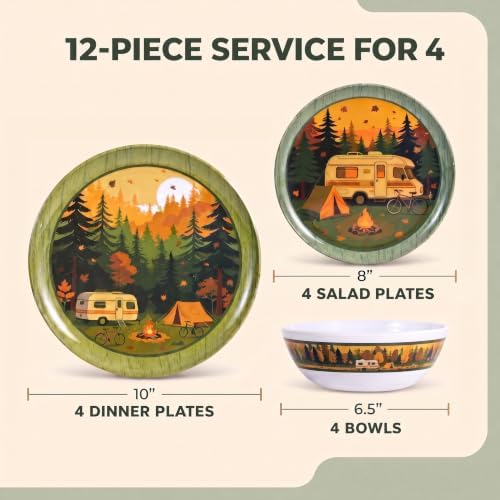 12-Piece Melamine Dinnerware Set for 4, Camping Plates and Bowls for RV Use