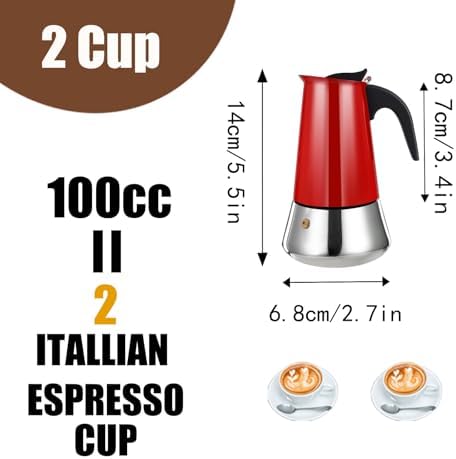2 Cup Stovetop Espresso Maker Stainless Steel Moka Pot Stove Top Percolator Italian Coffee Makers Capable Mocha Greca Machine Cafe Classic Induction Cookers for Home and Camping 100ml 3.3oz