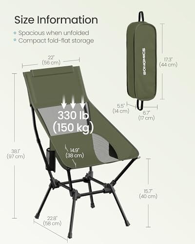 SONGMICS Camping Chair, Steel Frame, Supports 330.7 lb, 2 Storage Pockets