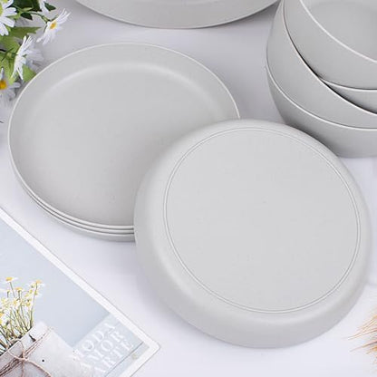 EI 12pcs Wheat Straw Dinnerware Set of 4,Plastic Plates Reuasble Unbreakable,Plastic Plates and Bowls Sets for Camping,Picninc,Family Dinner