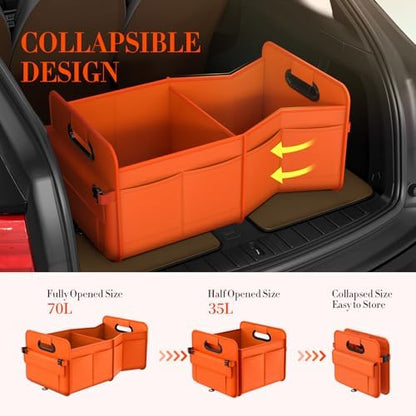 titiyiof Trunk Organizer For Suv & Sedan,Car Organizers and Storage, Waterproof Collapsible & Adjustable Straps,70L Sturdy Car Organization for Car Accessories, Tools,Sundries,2-3Compartment（Orange