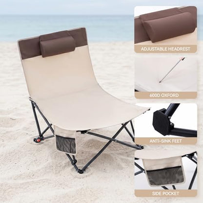 2 Pack Beach Chairs Oversized High Back Beach Reclining Chair with Adjustable Backrest Low Folding Camping Chairs for Beach, Lawn, Outdoor