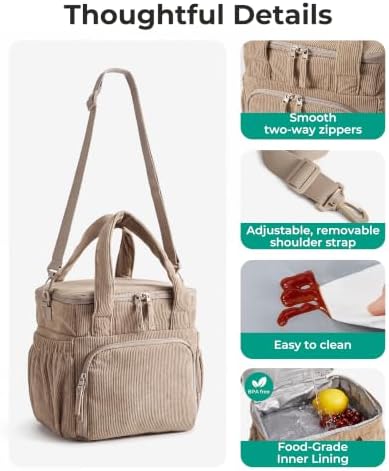BAGSMART Corduroy Large Lunch Bag Women 14L Double Deck Insulated Lunch Box