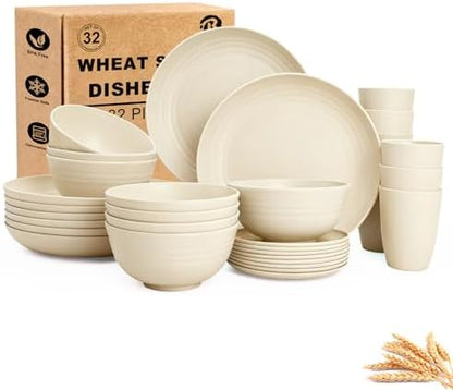 Wheat Straw Dishes Set Service for 8, Reusable Plastic Dinnerware Set 32 PCS, Kitchen Plates and Bowls sets, Unbreakable Microwave and Dishwasher Safe Camping Dishes for RV, Outdoor - Beige