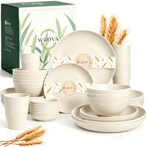 Wrova Unbreakable Plates Bowls and Cups Set, Wheat Straw Dinnerware Sets