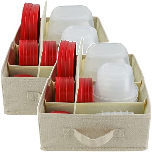Food Storage Container Organizer 2pc - Lid Organizer Box - Adjustable Kitchen Organizing Box - Compatible with Tupperware Glad Rubbermaid Ziploc Containers - Drawers and Cabinet Organization (2)