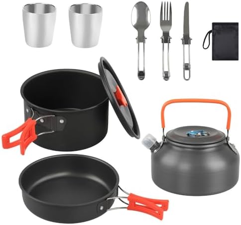 Camping Cookware Set(Green), Portable Backpacking Gear with Kettle, Pot, Pan, Cups & Foldable Cutlery, Lightweight Outdoor Cooking Kit for 2-3 People, Ideal for Hiking, Picnic & Camping