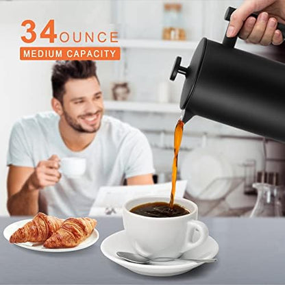 Secura French Press Coffee Maker, 304 Grade Stainless Steel Insulated Coffee Press with 2 Extra Screens, 34oz (1 Litre), Black