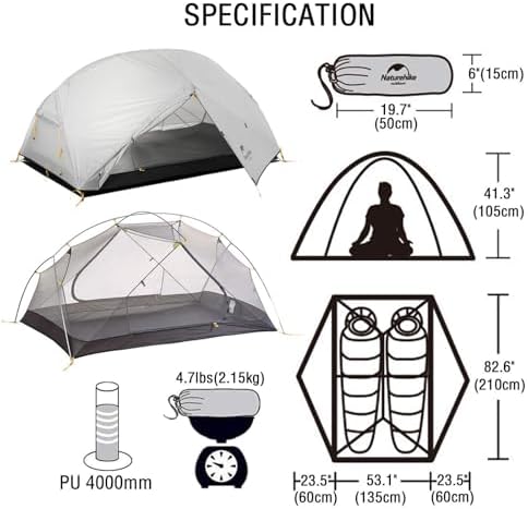 Naturehike Mongar 2-Person 3-Season Backpacking Tent Lightweight Waterproof Double Layer Easy Setup Camping Hiking Tent with Footprint