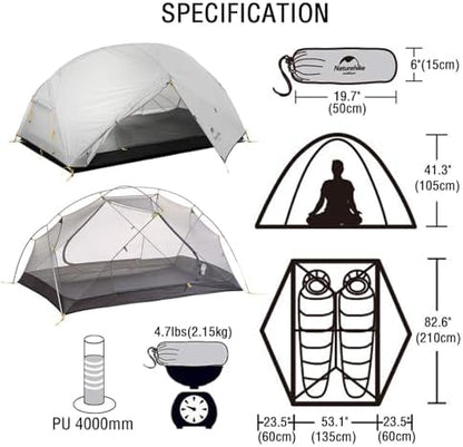Naturehike Mongar 2-Person 3-Season Backpacking Tent Lightweight Waterproof Double Layer Easy Setup Camping Hiking Tent with Footprint