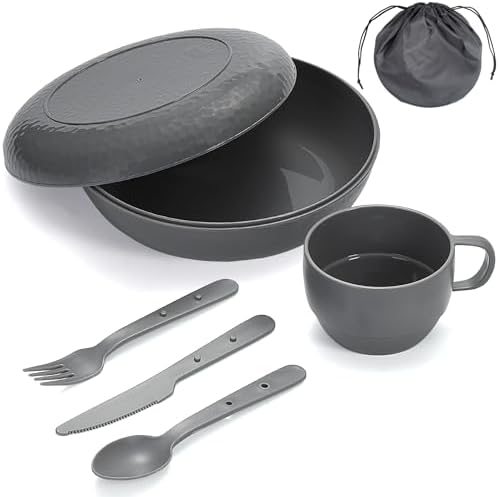 Berglander Camping Mess Kit with Bowl, Plate, Cup, Spoon, Fork, Knife and Carry Bag, Plastic Camping Accessories Essentials Gear for Travel, Camping, Picnic, Outdoor, Easy to Carry & Store