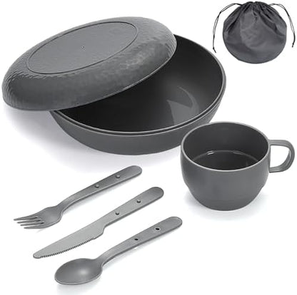 Berglander Camping Mess Kit with Bowl, Plate, Cup, Spoon, Fork, Knife and Carry Bag, Plastic Camping Accessories Essentials Gear for Travel, Camping, Picnic, Outdoor, Easy to Carry & Store