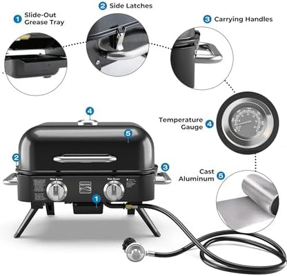 Kenmore Portable Propane Gas Grill - Tabletop BBQ Grill with Warming Rack, 2 Stainless Steel Burners with 14,000 BTUs, for Outdoor Kitchen, Camping, Black