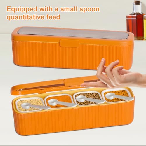 Clear Seasoning Box, 4 Packs Seasoning Rack Spice Pots, Condiment Jars Seasoning Box with Clear Covers and Spoons for Spice, Sugar, Salt, Pepper, Garlic Powder (Orange)