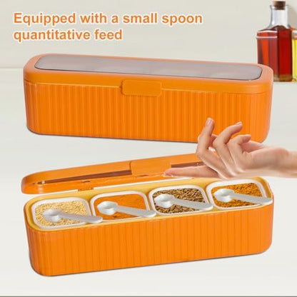 Clear Seasoning Box, 4 Packs Seasoning Rack Spice Pots, Condiment Jars Seasoning Box with Clear Covers and Spoons for Spice, Sugar, Salt, Pepper, Garlic Powder (Orange)
