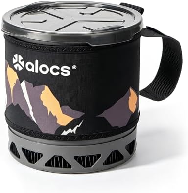 ALOCS 1L Ultralight Camping Pot with Heat Exchanger & Folding Handle, High Efficiency Aluminum Backpacking Pot with Tritan Lid, Compact Durable Cookware for Hiking Traveling
