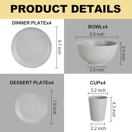 LIYH Grey 16 Pcs Unbreakable Wheat Straw Dinnerware Sets Kids BPA Free