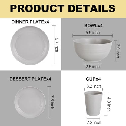 LIYH Grey 16 Pcs Unbreakable Wheat Straw Dinnerware Sets Kids BPA Free