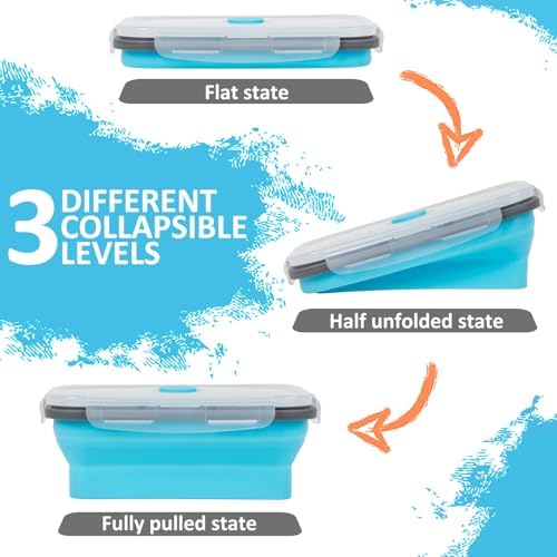 Collapsible Silicone Food Storage Containers Set with Lid & Air Vent,Foldable Lunch Containers (8PCS,Blue,27oz)