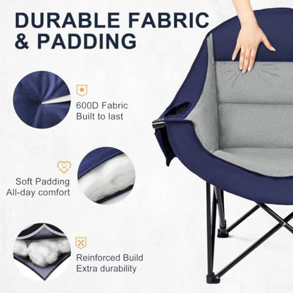Oversized Camping Chairs for Adult - Heavy Duty Padded Portable Folding Chair XL Collapsible Camp Chair with Cup Holder Cooler Pockets for Outdoor Lawn Beach Sport Fishing Support 500LBS, Blue Grey