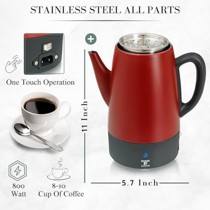 Moss & Stone 10 Cup Red Electric Percolator Coffee Pot, Stainless Steel