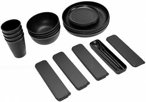Dinnerware Set Portable Sturdy Plates Bowls for Camping Picnics Travel, Service for 4, Reusable PP Dishwasher Microwave Safe