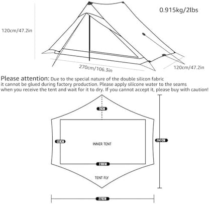 3FULGEAR Lanshan 2 Pro Tent 2 Person Ultralight Camping Tent, 3/4 Season Professional 20D Silnylon Rodless Tent for Camping, Climbing, Hiking