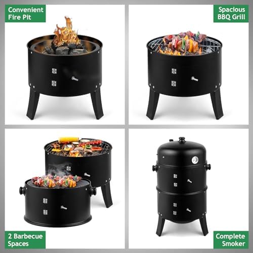 Outvita Vertical 17 Inch Charcoal BBQ Smoker, 3-in-1 Portable Grill Cooker