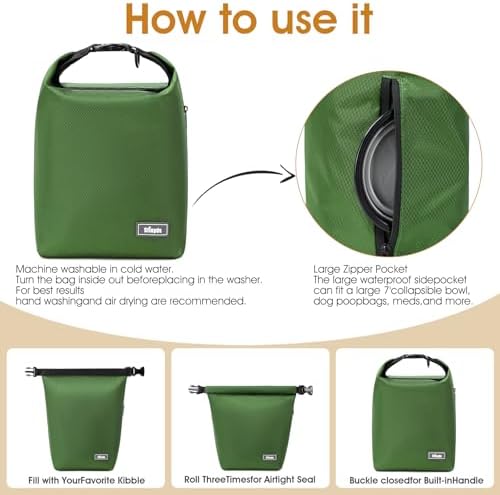 Dog Food Travel Bag with 2PCS Collapsible Dog Travel Bowls Air Tight Dog Food Storage Container(Green, Small)