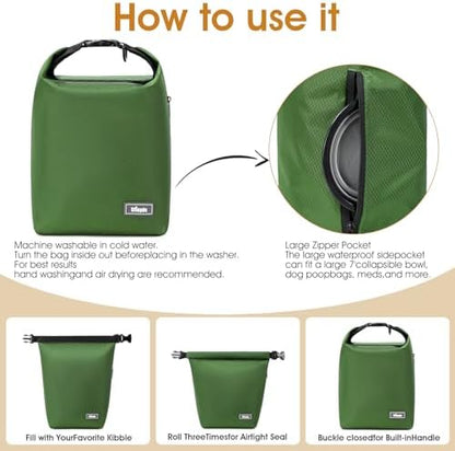 Dog Food Travel Bag with 2PCS Collapsible Dog Travel Bowls Air Tight Dog Food Storage Container(Green, Small)