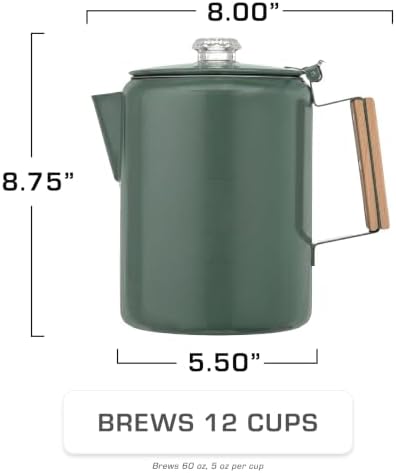 COLETTI Bozeman Color Series Percolator Coffee Pot — Camping Coffee Makers — Camping’s Favorite Percolator – NO Aluminum or Plastic (Camp Green, 12 Cup)
