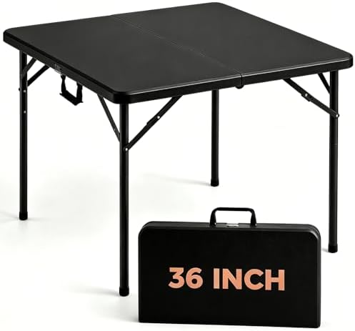 36 Inch Folding Card Table, Heavy Duty Square Folding Game Table with Carrying Handle, Fold-in-Half Portable Utility Table, No Assembly, Indoor Outdoor for Party, Camping, RV Travel